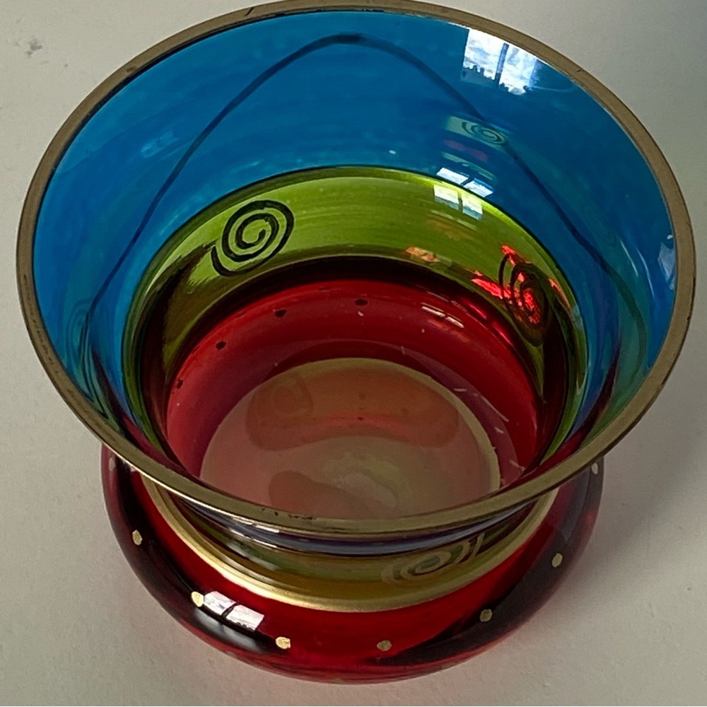 PIER 1 Candle Votive Holder Glass Vintage Red Blue Green Gold Trim Cup Vase Boho - Picture 4 of 16